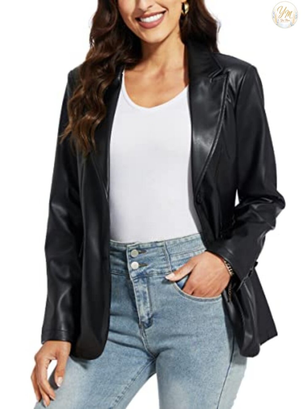 Faux Leather Moto Blazer Jacket Women Vintage Long Sleeve
